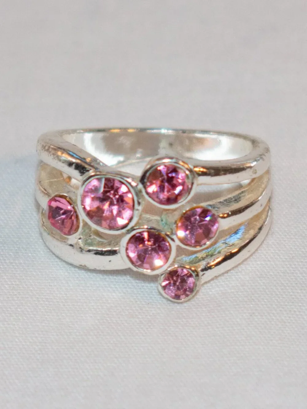 Silver Tone Cluster Ring with Pink Stones US 7